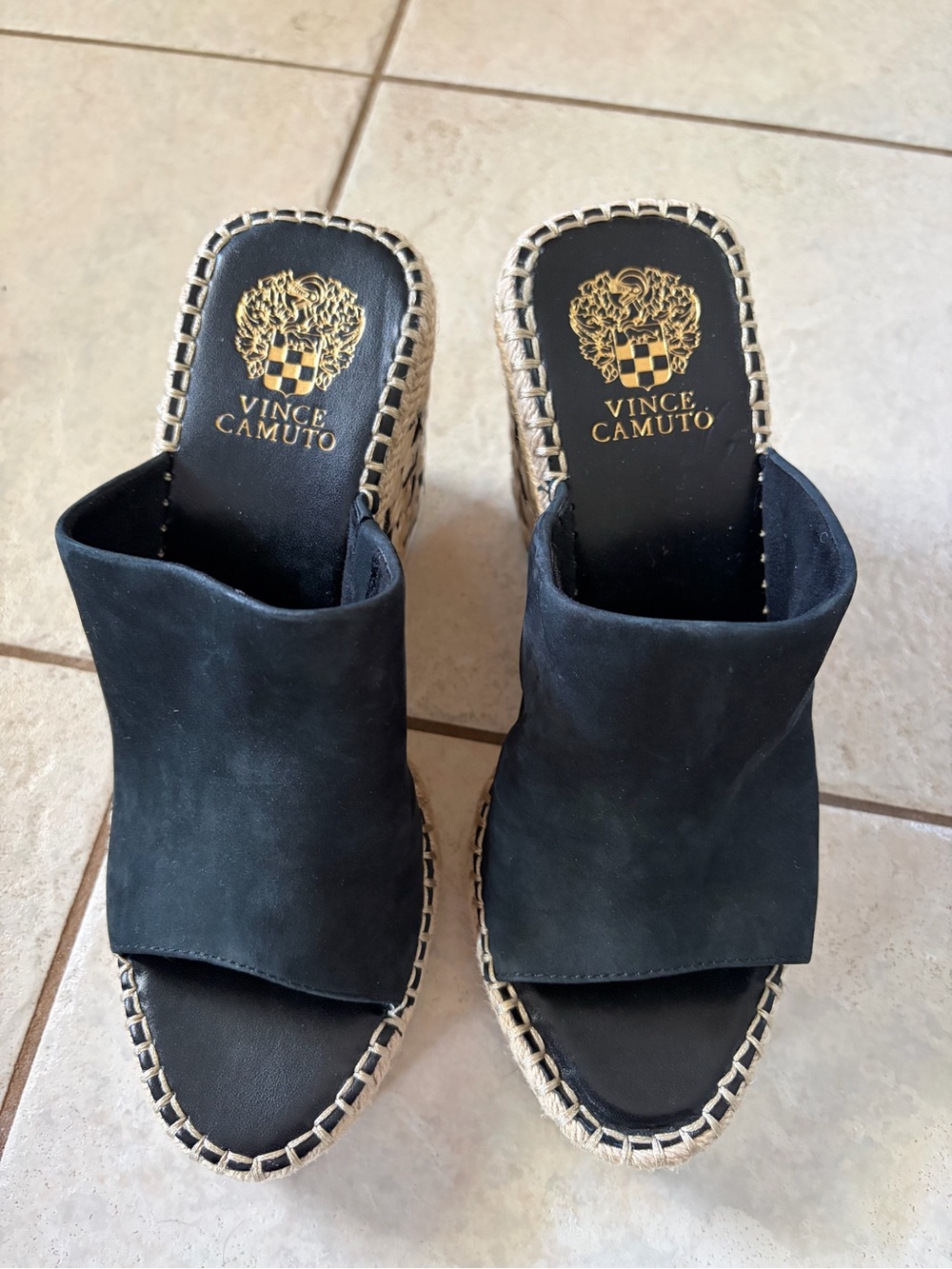 Vince Camuto Brissia Black Suede Espadrille Wedge Sandal Mules - Picture 2 of 6